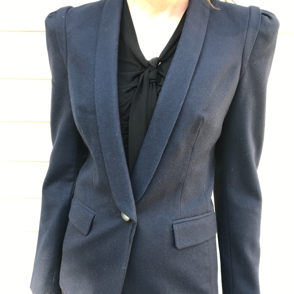 Magaschoni navy wool jacket with accented shoulder